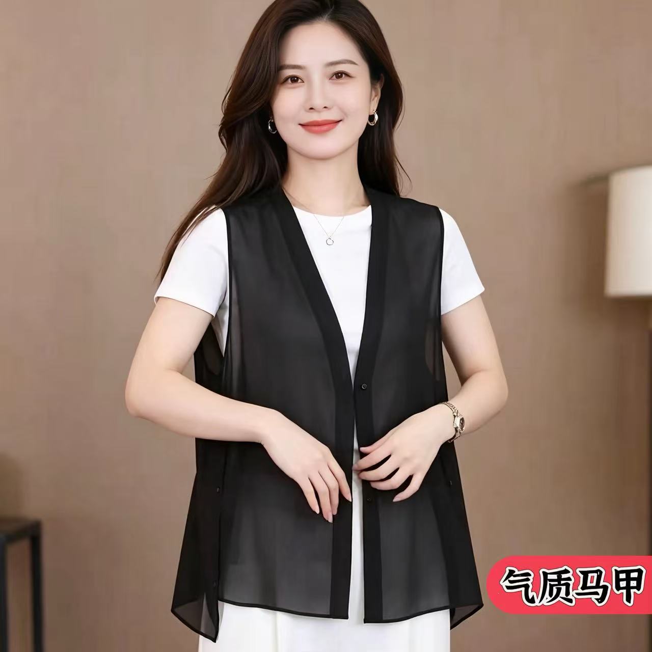黑色雪纺薄款V领显瘦透气马甲女