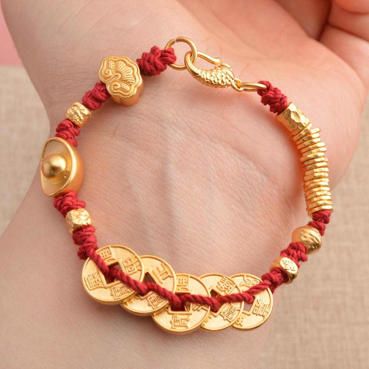古法沙金五帝钱锤纹盘缠元宝手链纯手工编织吉祥如遇云纹年年有余