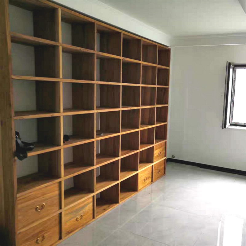 定制老榆木书架实木客厅书柜原木格子架置物架定做满墙落地隔断
