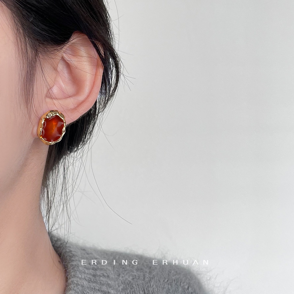 法式复古高级感几何椭圆琥珀色滴釉电镀14K银针耳钉气质中古耳饰