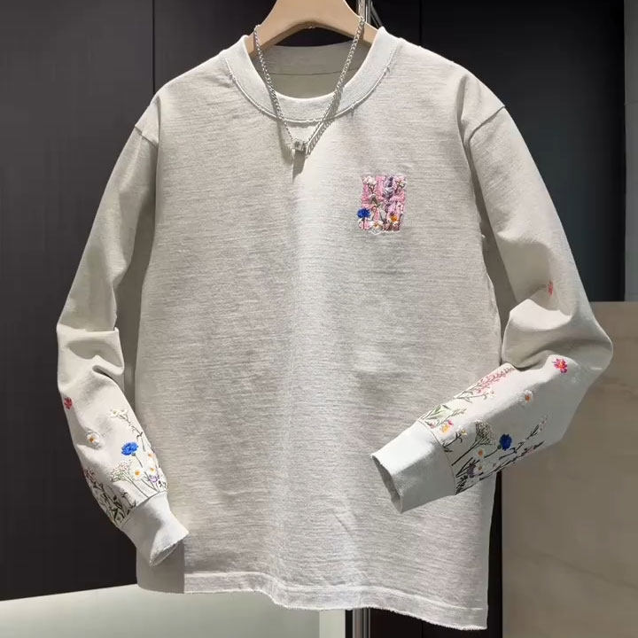 纯棉磨边破洞重磅高端设计花卉刺绣圆领卫衣男士燕尾痞帅长袖T恤