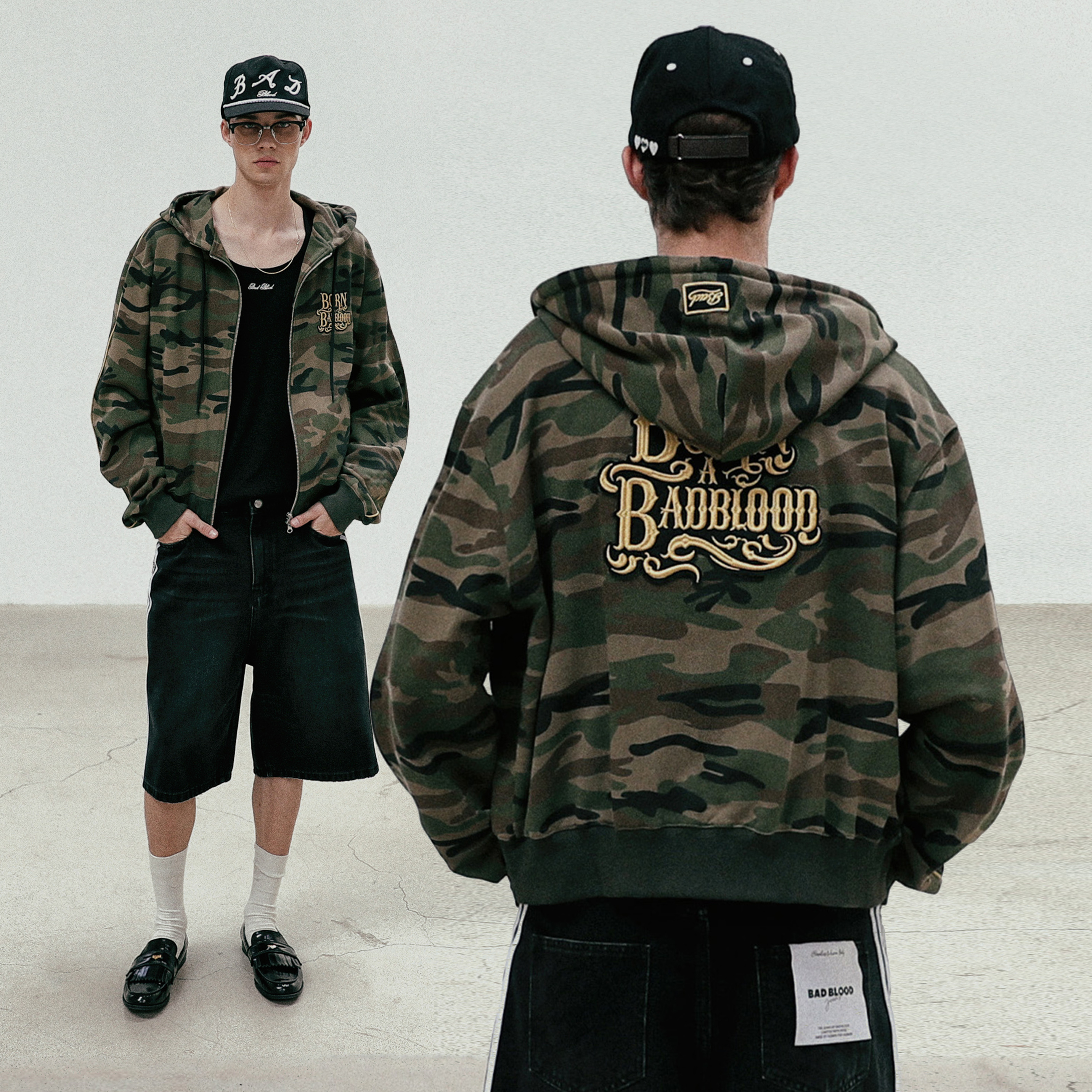 BADBLOOD2024秋季新款迷彩oversize连帽拉链卫衣外套女美式复古