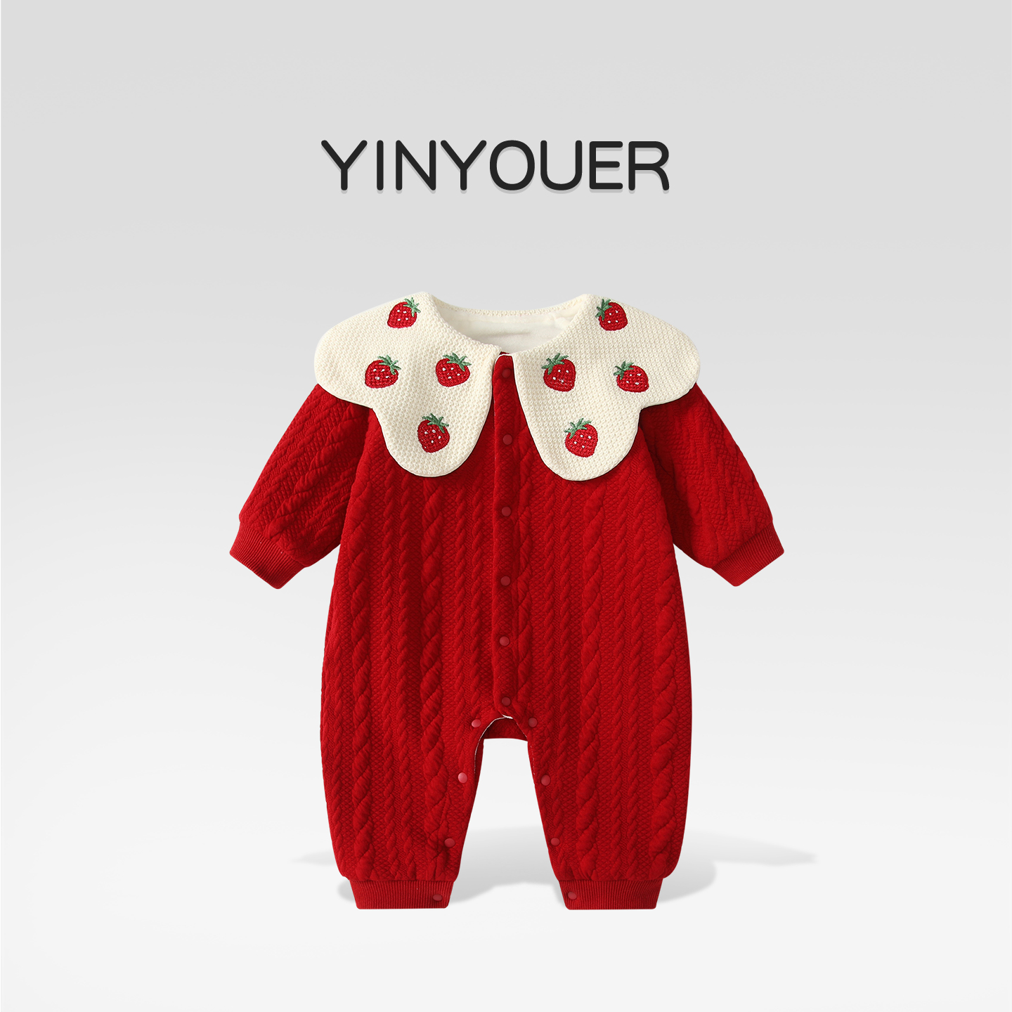婴儿秋冬草莓翻领公主加绒连体衣