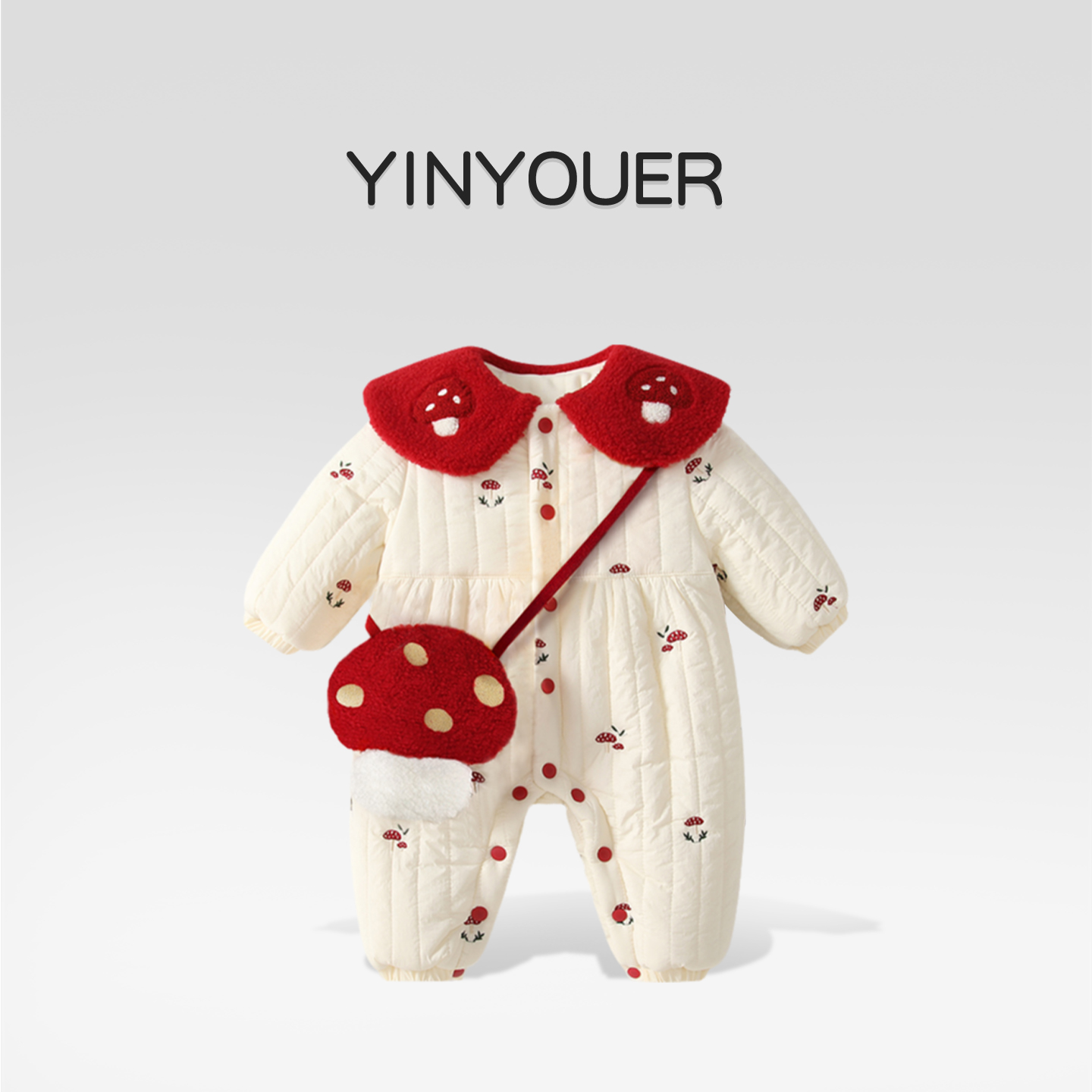 婴儿冬装小蘑菇连体衣棉服拜年服