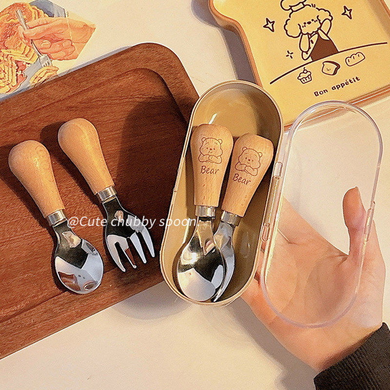 可爱儿童餐具套装便携式木柄304不锈钢勺子叉子学生吃饭专用叉勺,餐饮具,便携/折叠餐具,淘宝优惠券,粉丝福利购,淘宝优惠卷