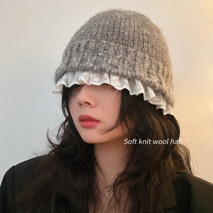 保暖针织渔夫毛线帽甜美百搭潮流显脸小 韩系蕾丝花边帽子女秋冬季