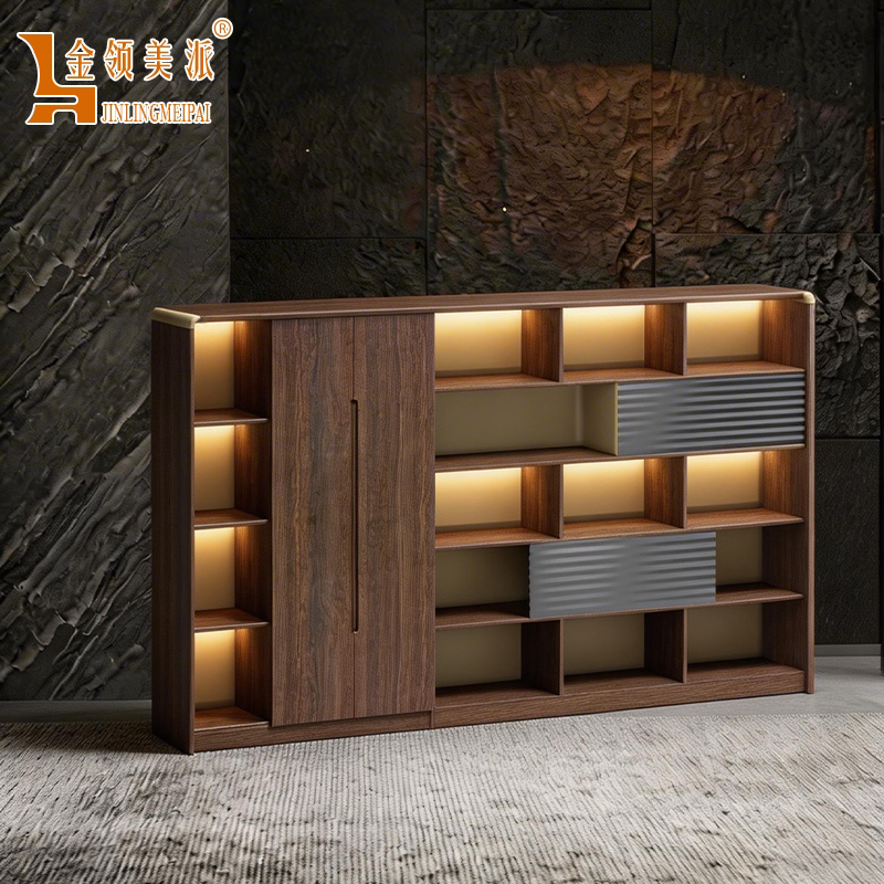 高档木纹质感落地文件柜办公室背景柜大书柜灯带陈列柜收纳储物柜
