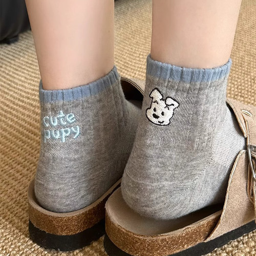 袜子女短袜纯棉短筒运动袜春夏季薄款可爱日系卡通小狗ins潮夏天