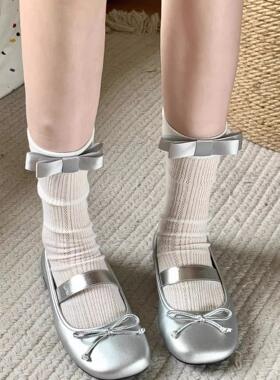 袜子女简约中筒袜春夏薄款竖条纹小腿堆堆袜jk灰色袜子芭蕾风