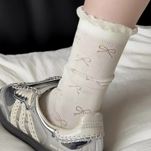 白色蝴蝶结袜子女中筒袜夏季薄款ins系芭蕾风堆堆袜纯棉透气长袜