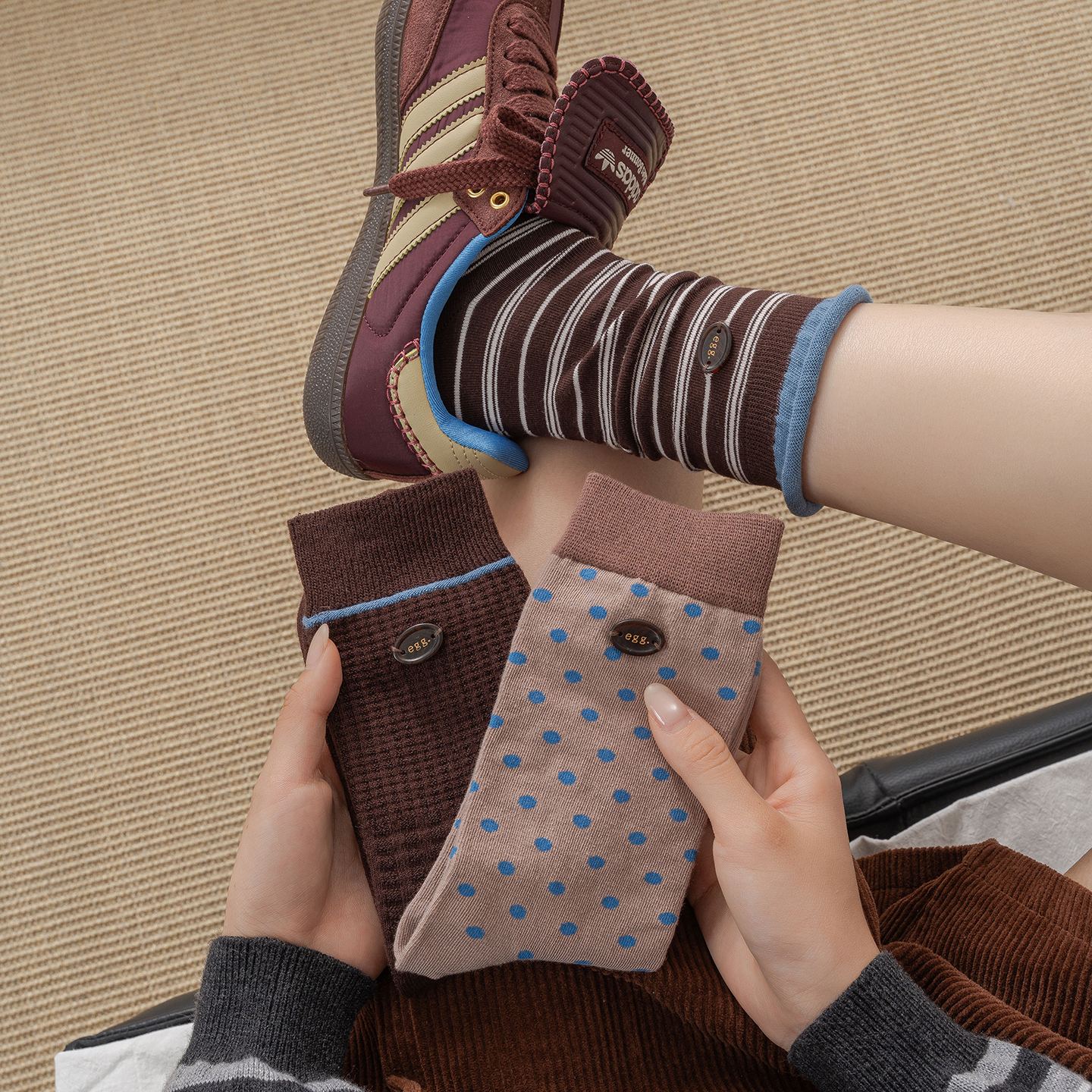 复古圆点拼色棉袜可爱波点堆堆袜