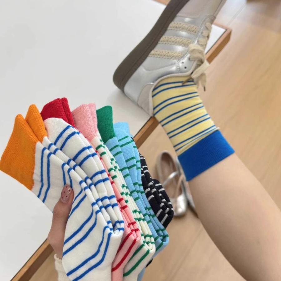 秋冬新款袜子女多巴胺撞色条纹中筒袜网红男女外穿纯棉堆堆袜