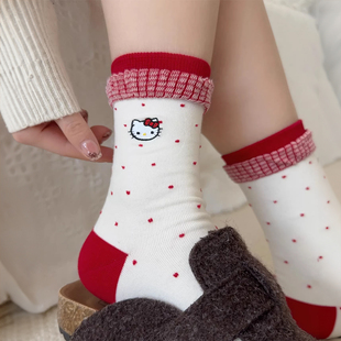 本命年红色袜子女卡通可爱小猫中筒袜甜美蝴蝶结堆堆袜新年礼盒
