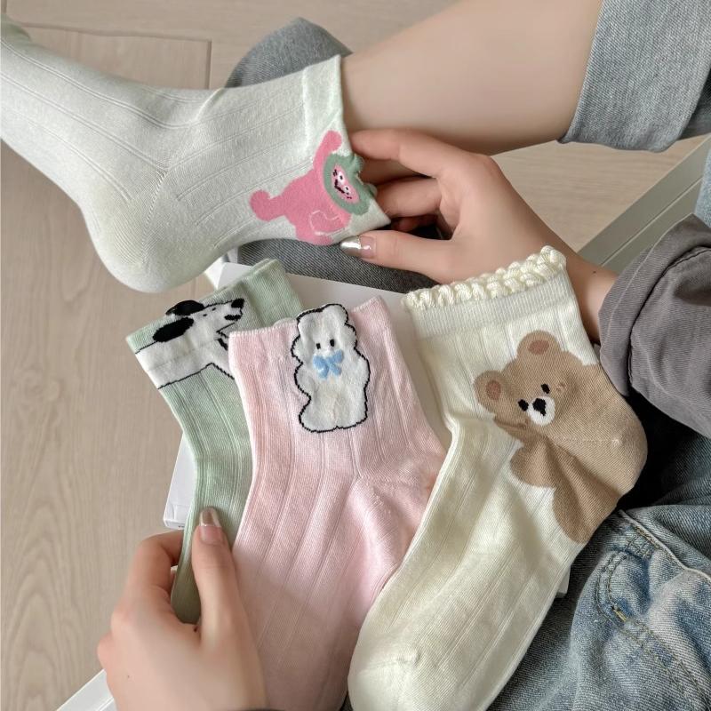 袜子女夏季立体卡通棉质韩版短筒棉袜日系百搭少女中筒棉袜