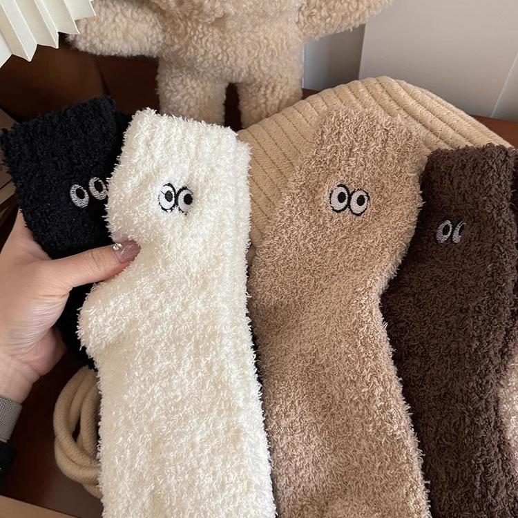 眼睛袜子加绒加厚珊瑚绒秋冬中筒袜睡眠袜地板袜居家冬天保暖