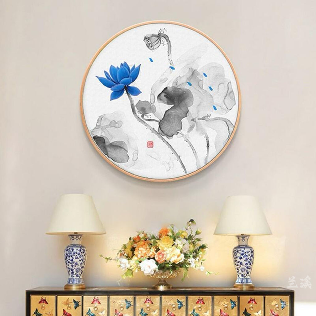 饰画中式圆形客厅挂画书房走廊过道荷花圆框画现代简约卧室墙壁画图片
