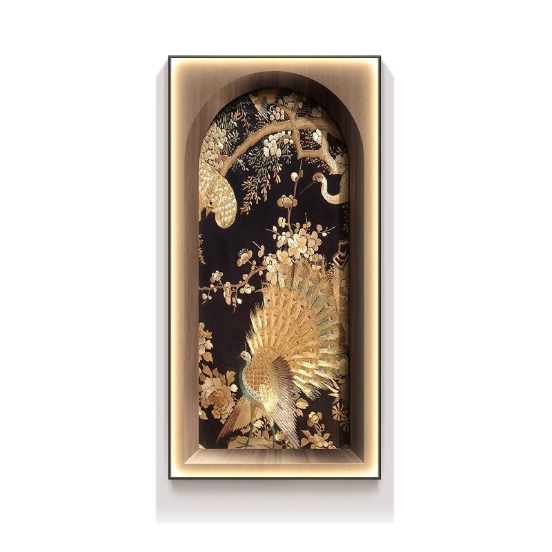 南洋复古风孔雀玄关装饰画花鸟走廊过道挂画客厅入户竖版带灯壁画图片