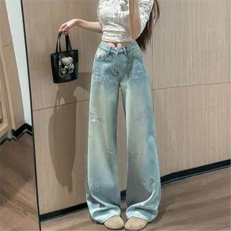 浅蓝色烫钻烟花阔腿牛仔裤女2026新款高腰宽松显瘦垂感直筒拖地裤
