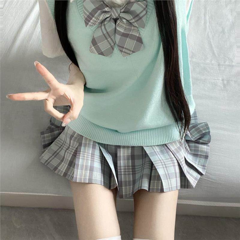 空栗鼠丸原创jk制服背心马甲衬衫日系学院风jk格裙百褶裙叠穿套装