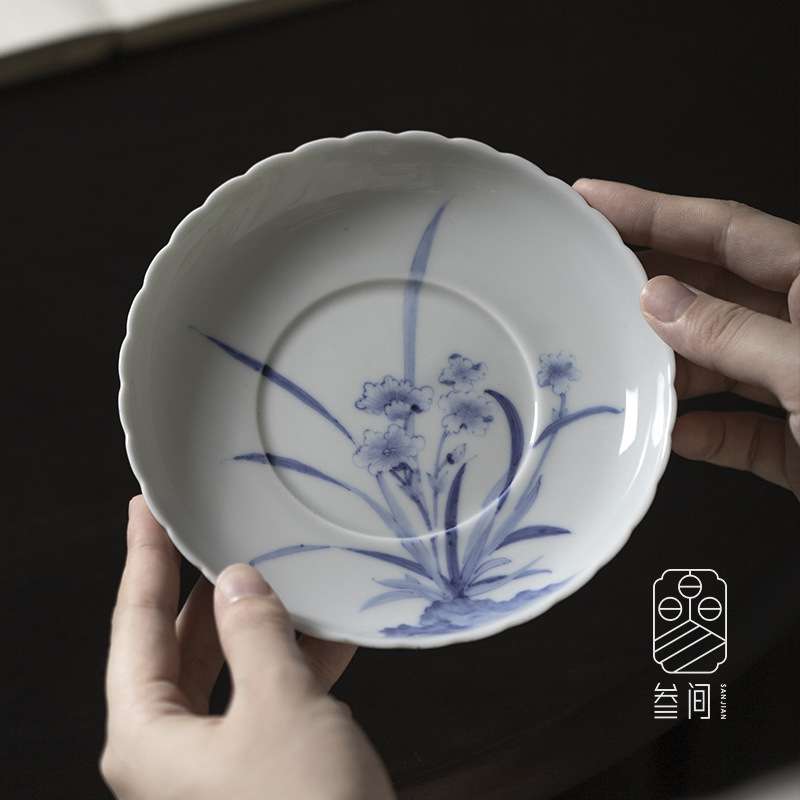 复古手绘兰花葵口壶承干泡盘 茶道配件家用盖碗托盘茶点盘 文人器