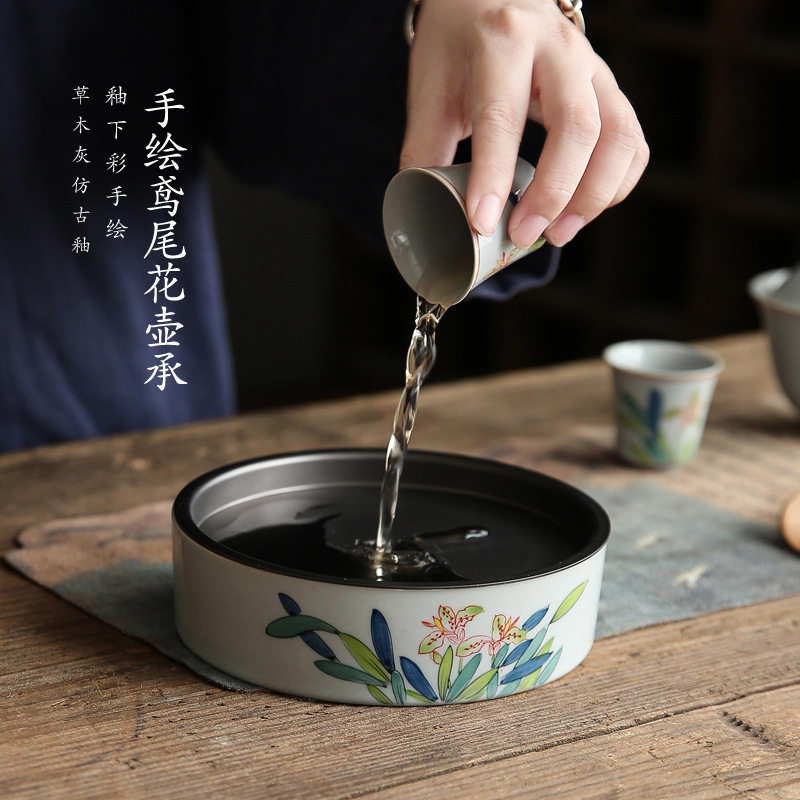 日式釉下彩手绘鸢尾花壶承 陶瓷壶垫壶托茶台小号锡盖储水干泡盘