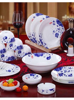 景德镇餐具套装28头青花瓷碗套装釉中彩家用中式骨瓷餐具国色多姿