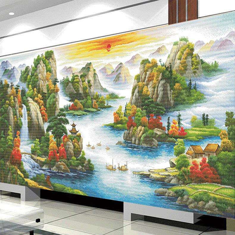 蒙娜丽莎十字绣2024新款千里江山客厅风景大幅满绣线绣手工自己绣