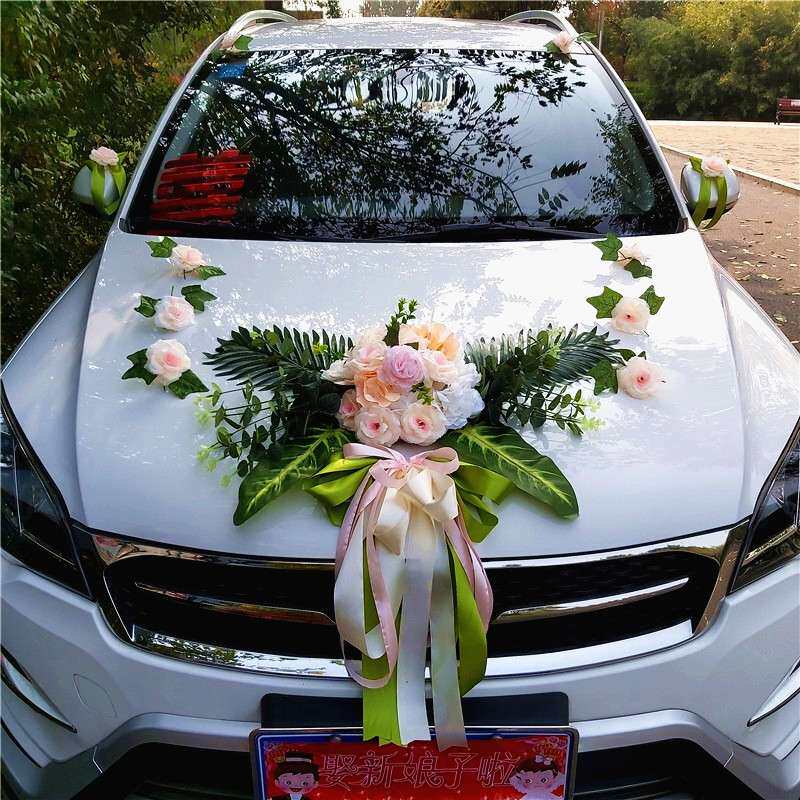 森系主婚车装饰车头花套装仿真玫瑰中式结婚婚礼车队布置婚车全套