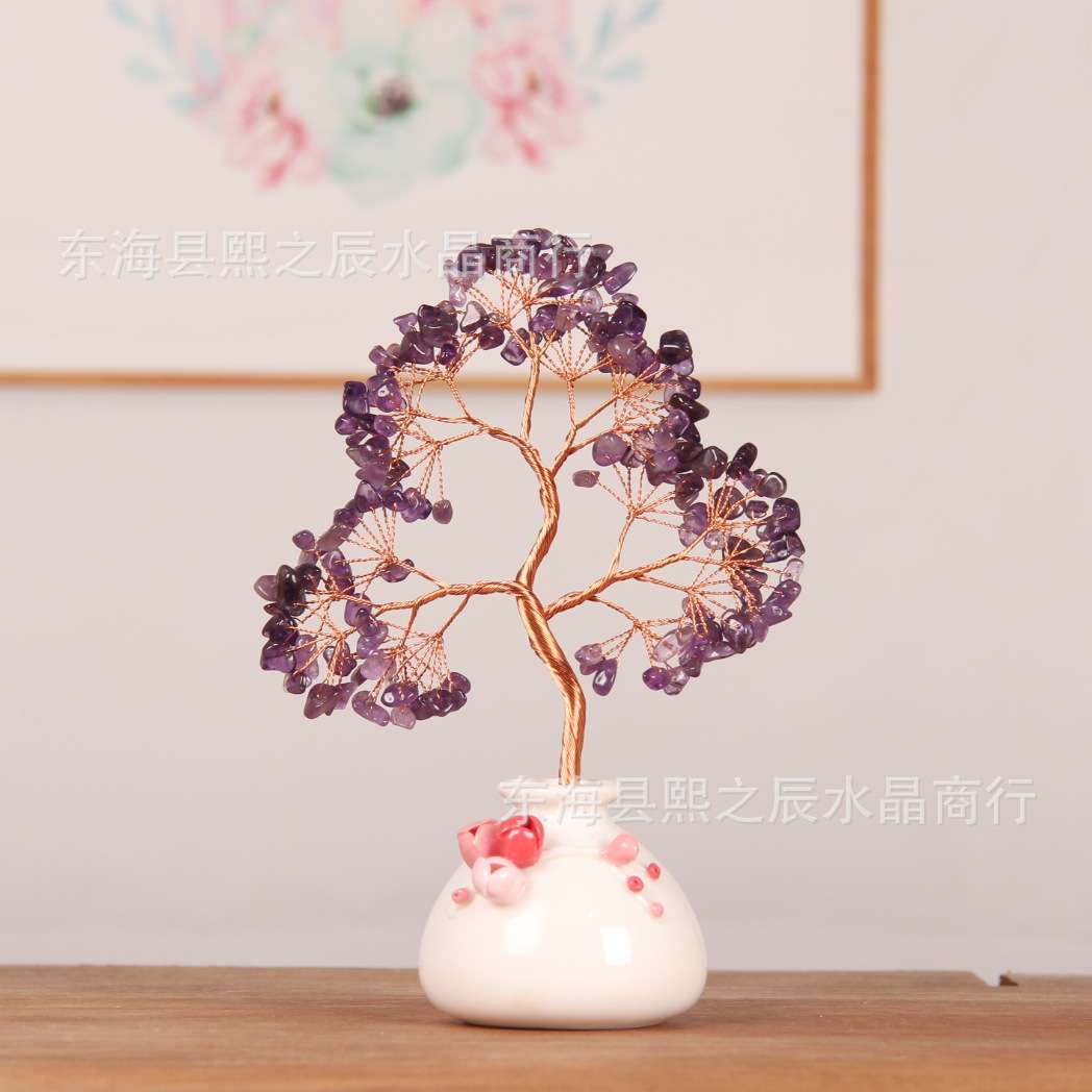 天然水晶招财树摆件 紫水晶黄水晶碎石摇钱树 家居装饰水晶树