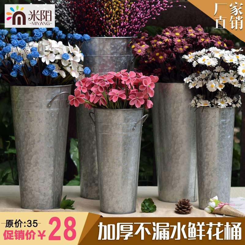 复古铁桶铁皮桶落地长花桶大号高桶养花筒插花桶铁艺花瓶花器新品