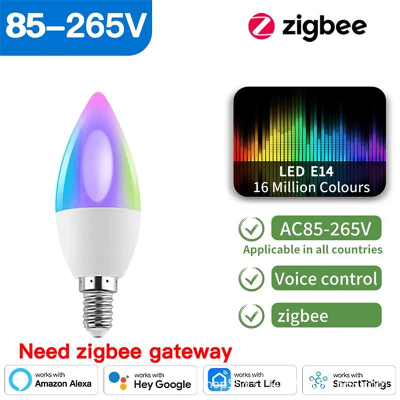 Zigbee智能E14 E12蜡烛灯5W宽压支持网关语音控制RGB调光调色