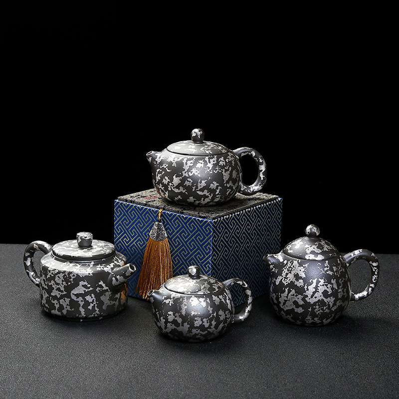 岑陶大容量朱泥紫砂壶银百花紫砂茶具茶壶原矿黑金砂泡茶壶西施壶
