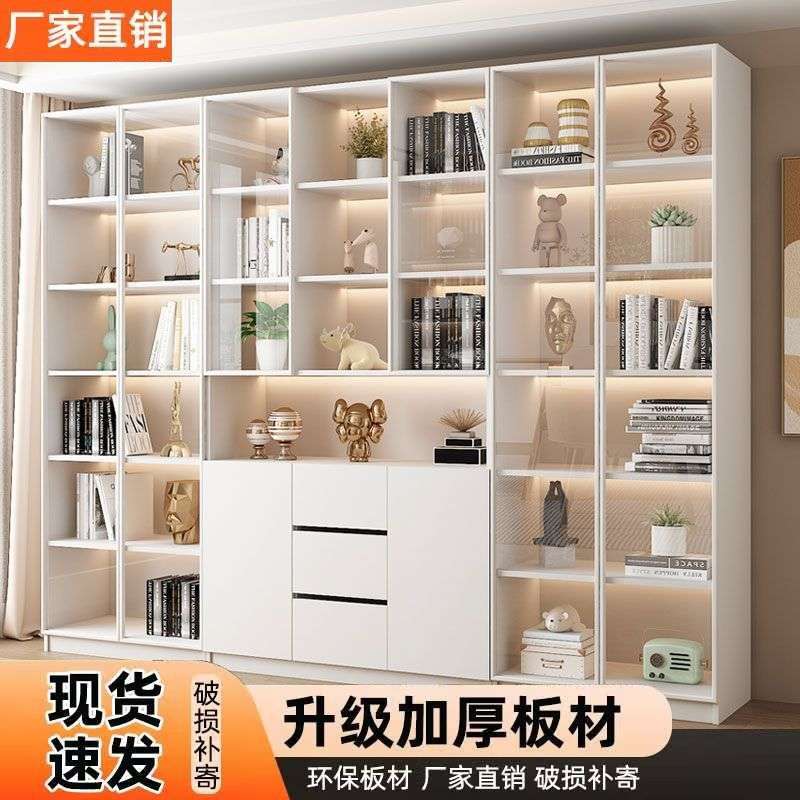 书柜家用带玻璃门客厅一体靠墙现代轻奢可订储物柜木质书架展示柜
