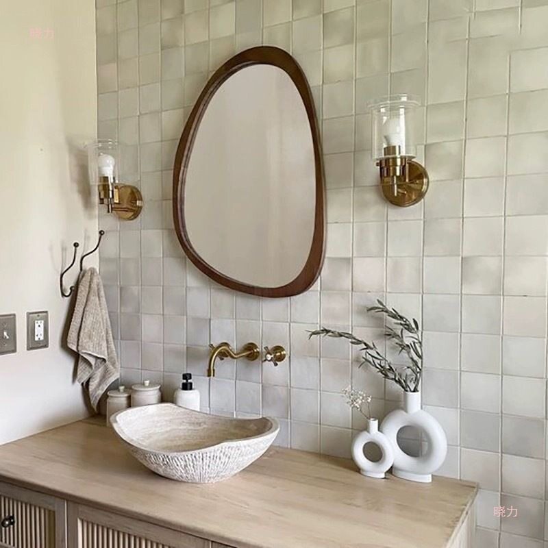 美式实木复古卫生间厕所浴室镜壁挂中古梳妆镜子不规则异形化妆镜