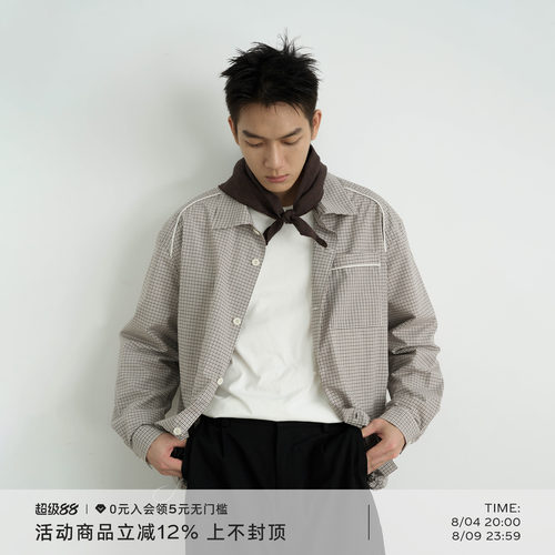 AWT25AW 细格纹撞色嵌条 简约轻复古休闲宽松抽绳长袖衬衫男女