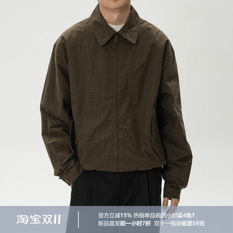 全棉精纺细格复古感翻领夹克