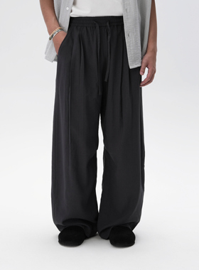 AWT25SS 混纺麻材质 简约通勤双褶抽绳垂感宽松轻薄直筒裤