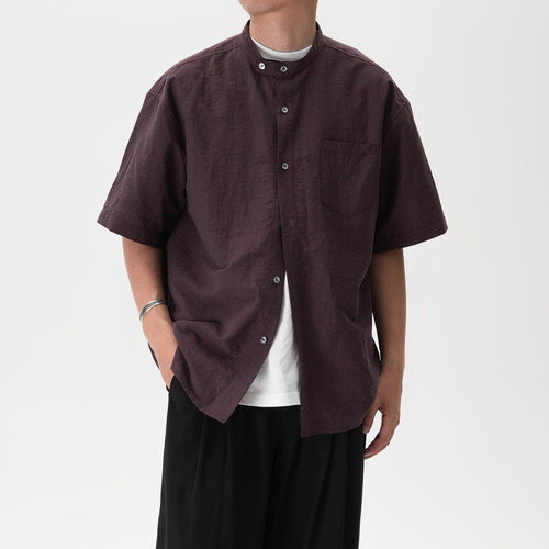 混纺天丝麻立领宽松衬衫