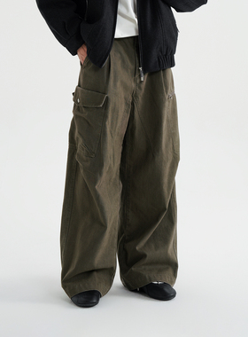 AWT25AW 拼贴设计拉链多口袋 洗水工装直筒休闲长裤