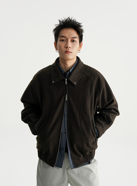 AWT25AW 撞钉点缀翻领分割毛呢夹克 简约百搭宽松拉链外套男女