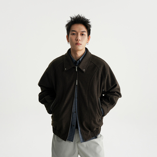 AWT25AW 简约百搭宽松拉链外套男女 撞钉点缀翻领分割毛呢夹克