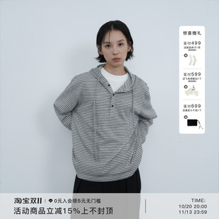AWT26AW〔条纹连帽针织衫〕亨利领长袖T恤女日式宽松慵懒上衣男
