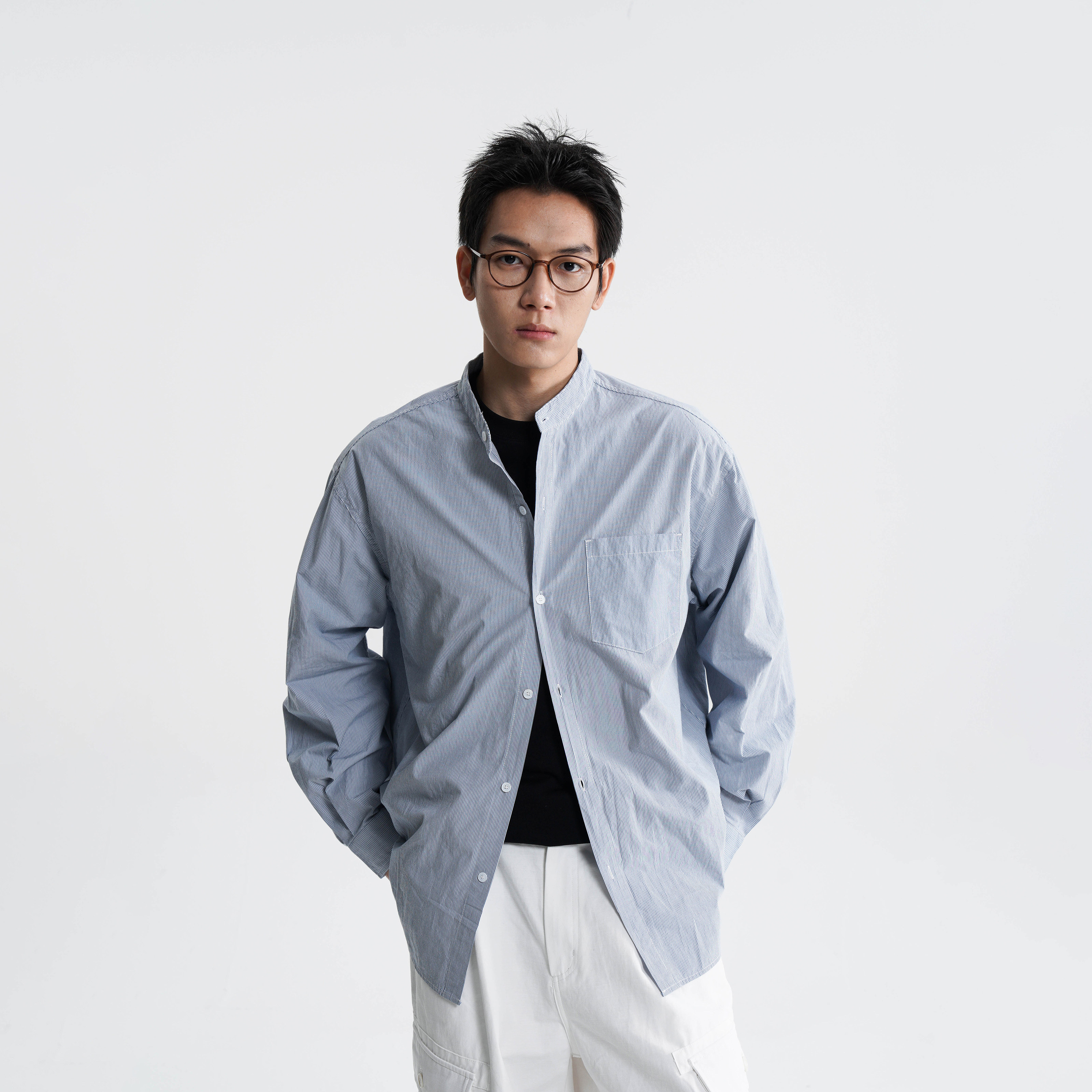 awatinne紧密细条纹立领长袖衬衫图片