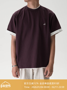 AWT25SS 假两件错位撞色领口宽松T恤