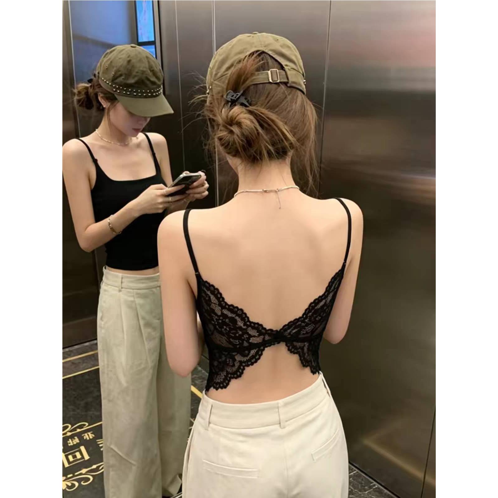 性感蕾丝镂空美背吊带女黑色修身