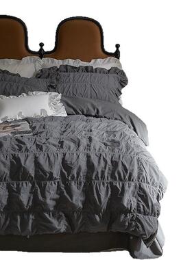 cww4泡泡纱荷叶边四丨韩式公主风深灰色水洗棉件套全棉平纯棉0支