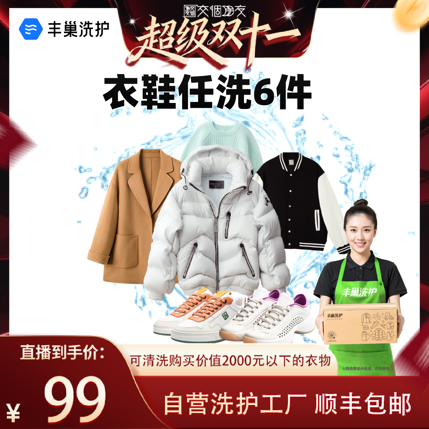 【交个朋友】丰巢洗护衣鞋洗6件干洗水洗包邮上门洗护服务羽绒服