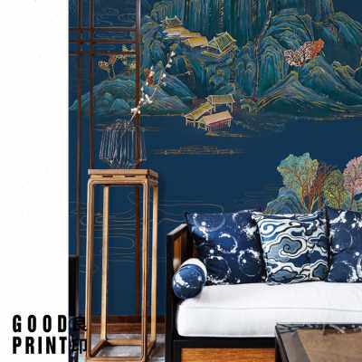 良印中式山水壁纸客厅电视背景卧室墙布酒店轻奢定制壁画餐厅墙纸