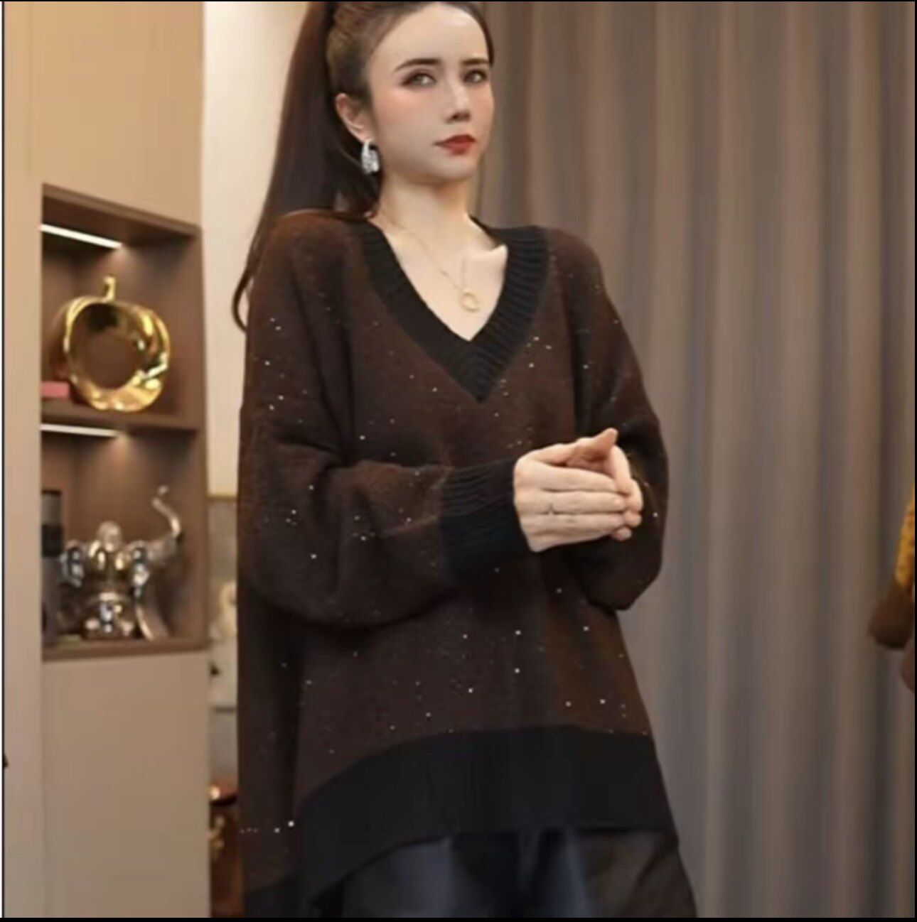 【61563#+61570#】冬季新款高领拼色亮晶晶毛衣女