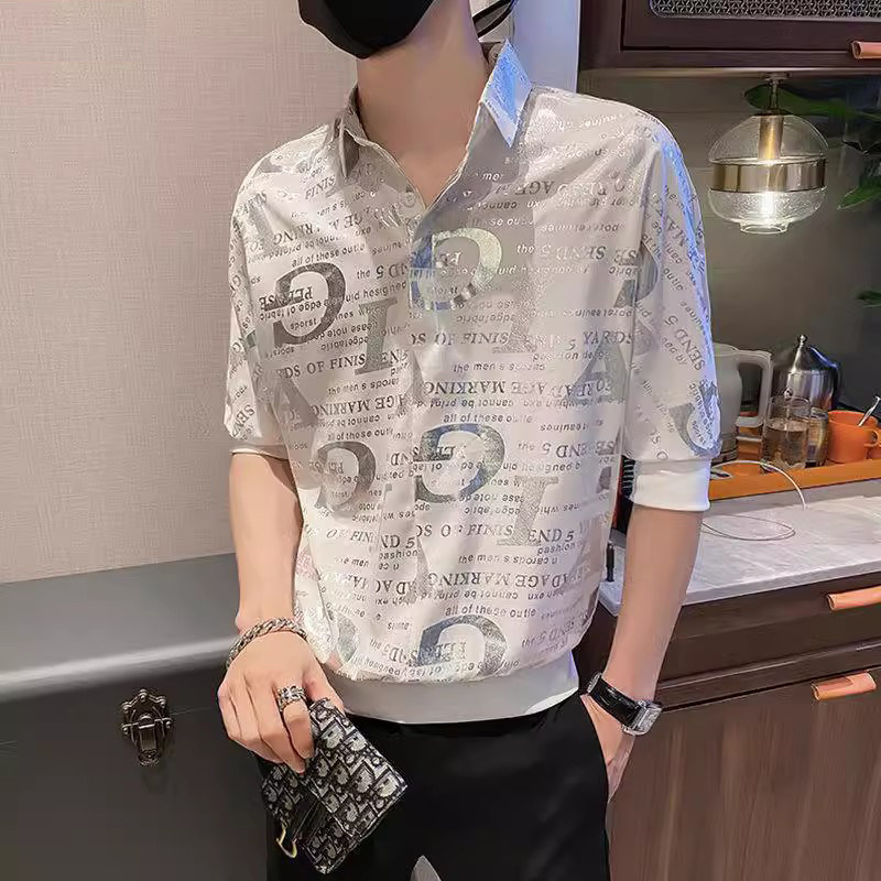 潮牌冰丝短袖衬衫男休闲痞帅五分袖衬衣修身潮流中袖寸衫薄款外套